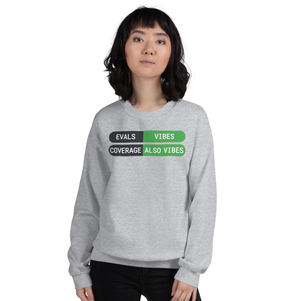 Eval Suite Vibes agentic AI engineer crewneck sweatshirt — Sport Grey, on model