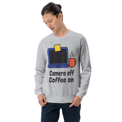 Camera Off Coffee On funny work from home crewneck sweatshirt — Sport Grey, on model