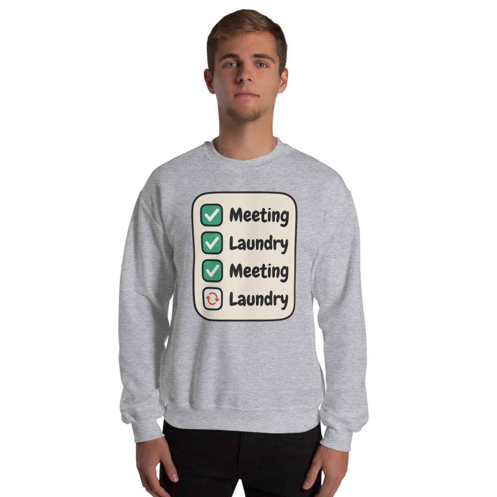 Meeting Laundry funny work from home crewneck sweatshirt — Sport Grey, on model