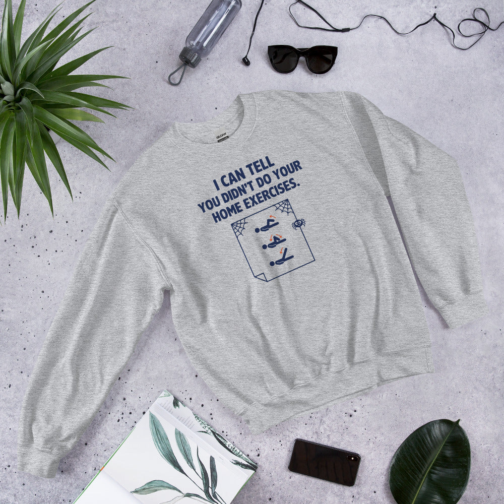 Home Exercises funny physical therapy crewneck sweatshirt — Sport Grey, flat lay
