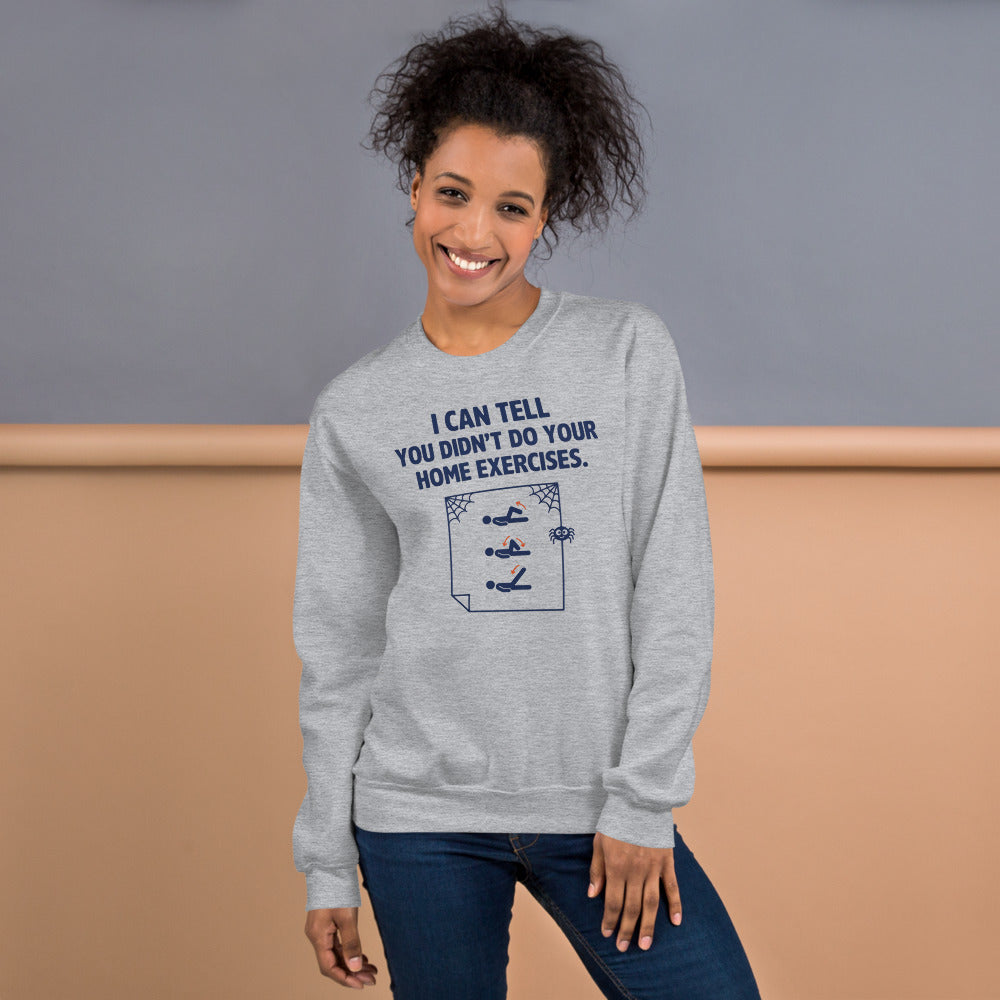 Home Exercises funny physical therapy crewneck sweatshirt — Sport Grey, on model