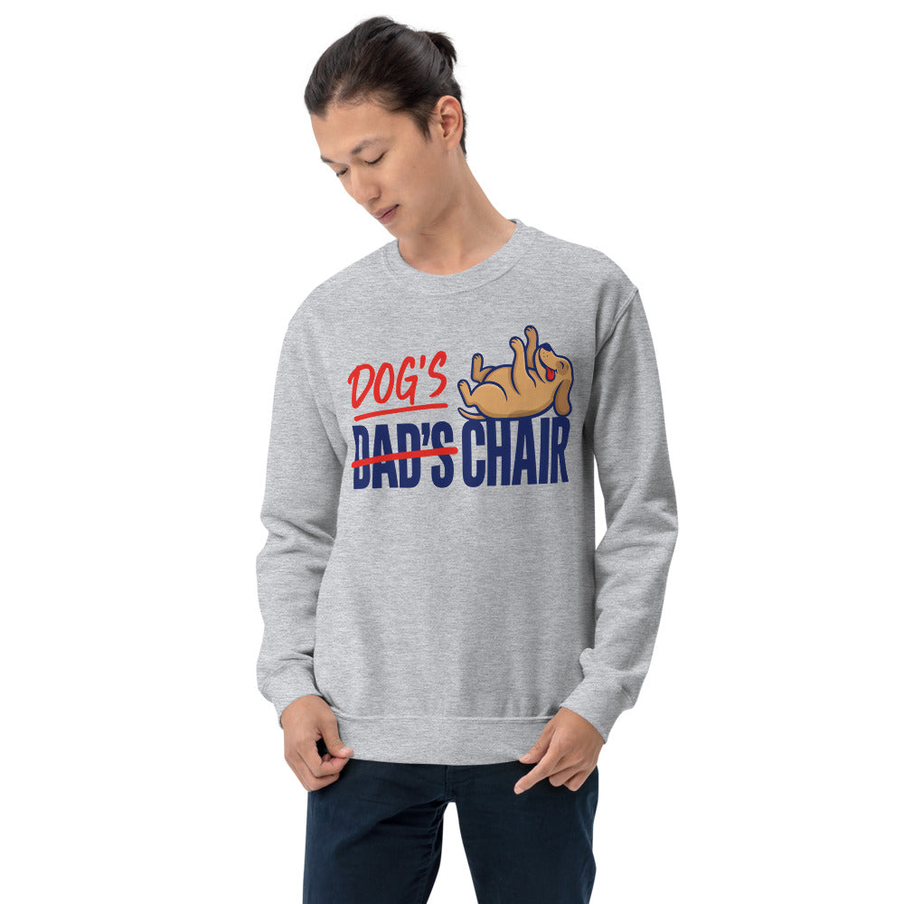 Dog's Chair funny dog dad crewneck sweatshirt — Sport Grey, on model