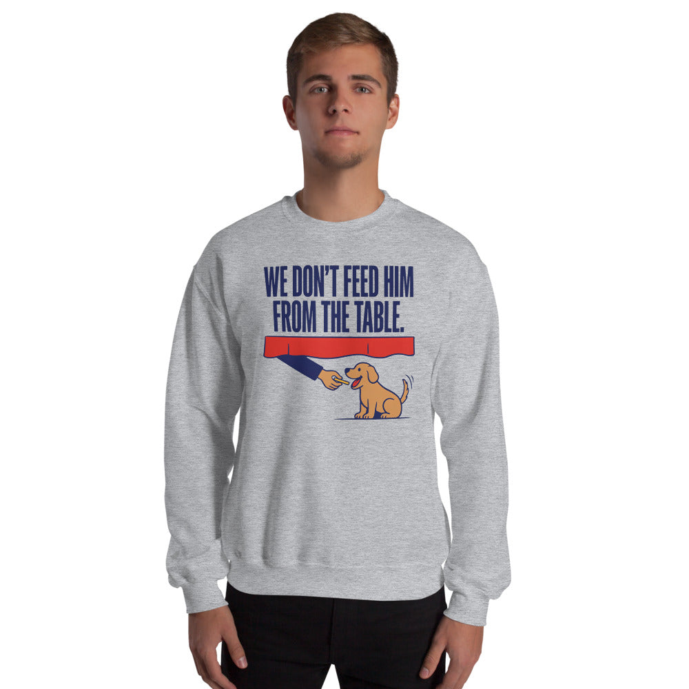 From The Table funny dog dad crewneck sweatshirt — Sport Grey, on model