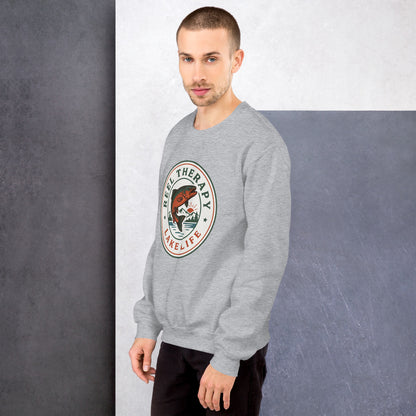 Reel Therapy retro national-park trout badge fishing crewneck sweatshirt — Sport Grey, on model
