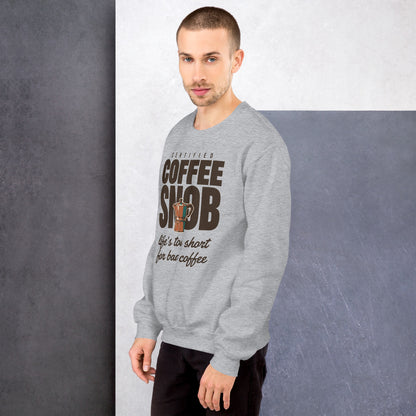 Certified Coffee Snob coffee crewneck sweatshirt — Sport Grey, on model