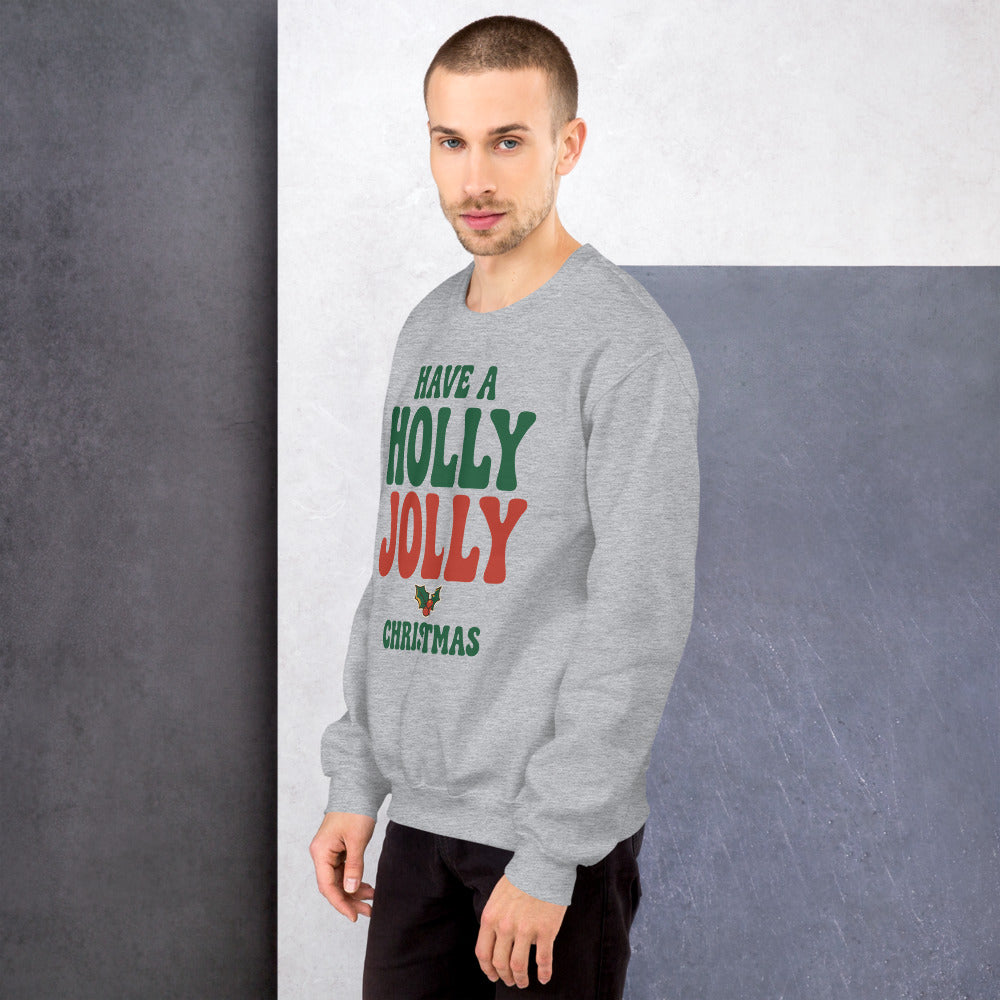 Groovy Holly Jolly retro Christmas crewneck sweatshirt — Sport Grey, on model