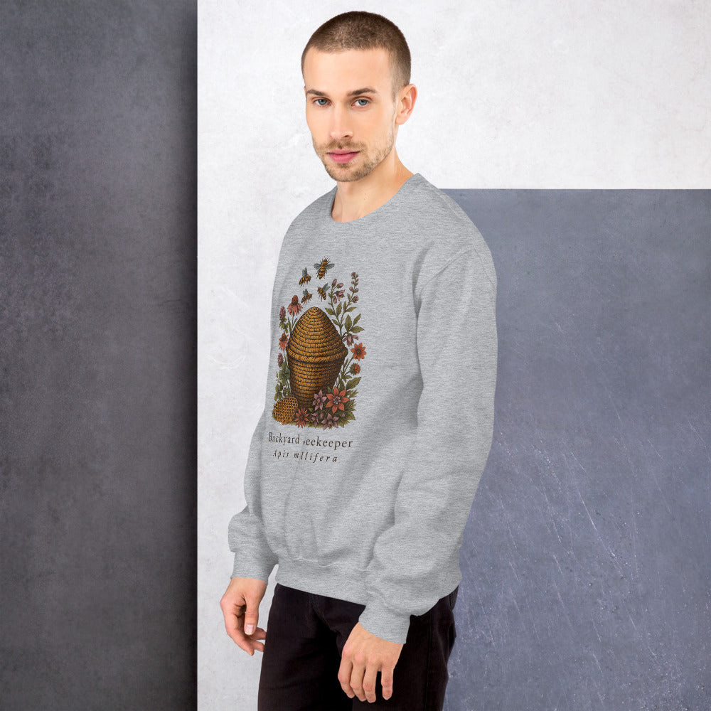 Backyard Beekeeper field-guide bee crewneck sweatshirt — Sport Grey, on model