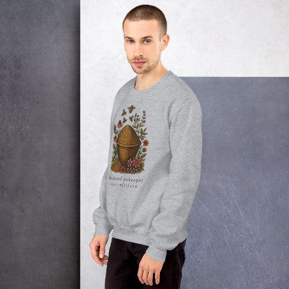 Backyard Beekeeper field-guide bee crewneck sweatshirt — Sport Grey, on model