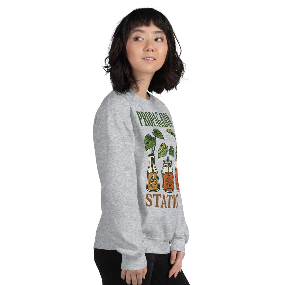 Propagation Station retro botanical plant lover crewneck sweatshirt — Sport Grey, on model