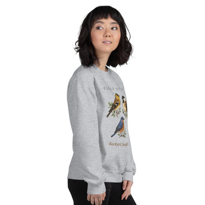 Backyard Songbirds vintage field-guide crewneck sweatshirt — Sport Grey, on model