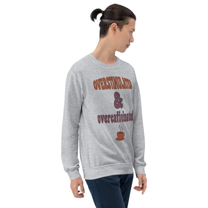 Overstimulated & Overcaffeinated soft retro coffee mental health crewneck sweatshirt — Sport Grey, on model