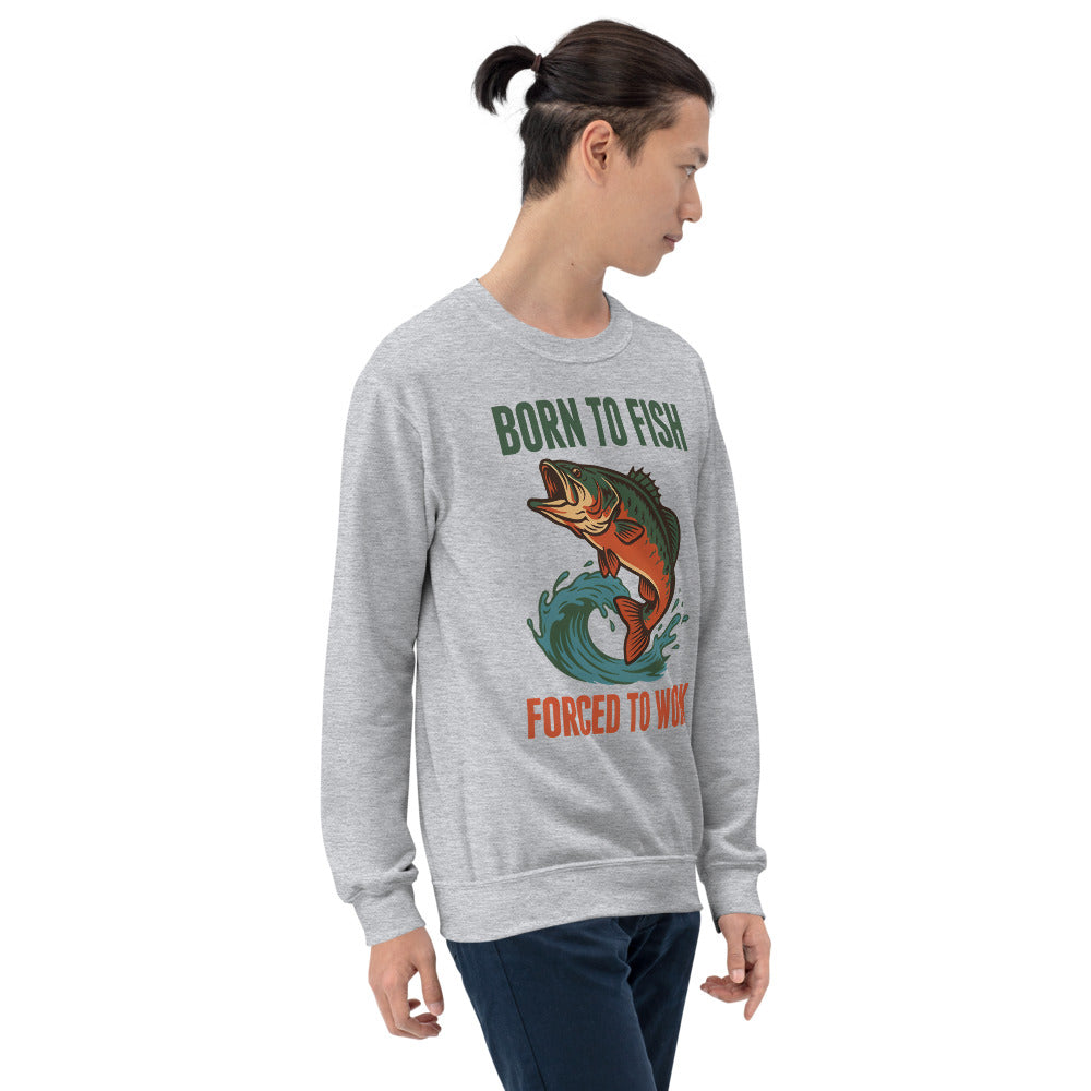 Born to Fish Forced to Work retro fishing humor crewneck sweatshirt — Sport Grey, on model