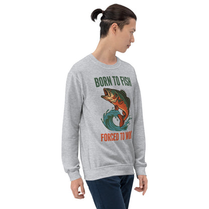 Born to Fish Forced to Work retro fishing humor crewneck sweatshirt — Sport Grey, on model