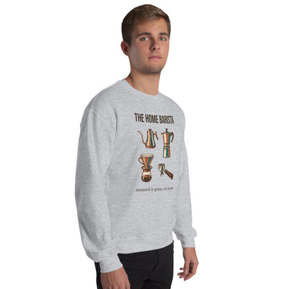 The Home Barista specialty coffee crewneck sweatshirt — Sport Grey, on model