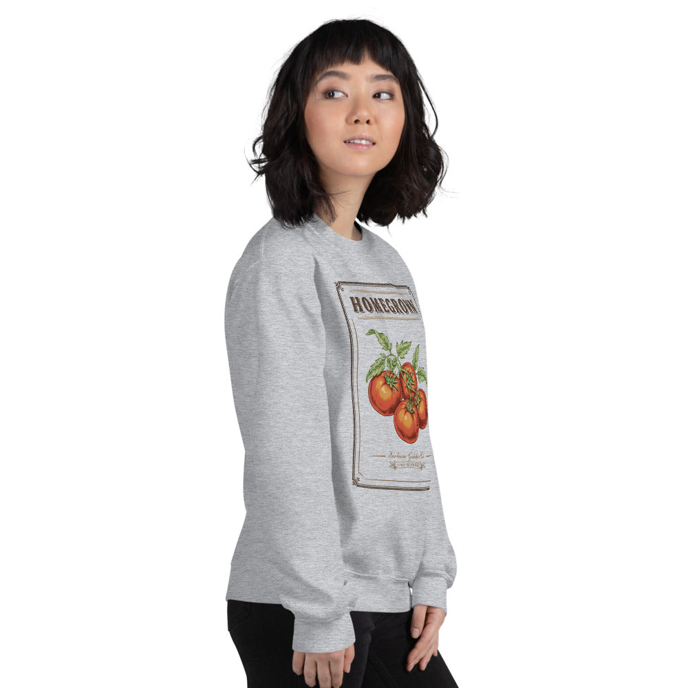 Homegrown Heirloom Seed Packet gardening crewneck sweatshirt — Sport Grey, on model