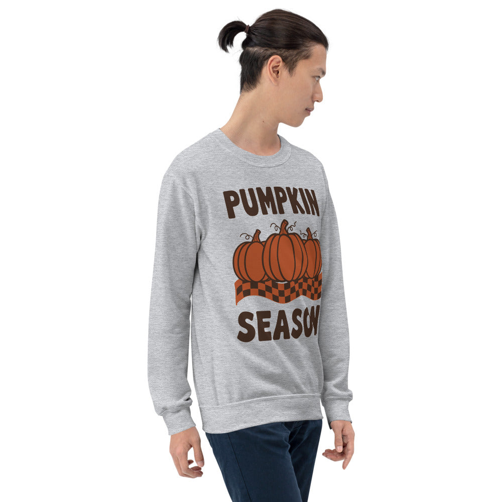 Pumpkin Season retro 70s fall crewneck sweatshirt — Sport Grey, on model