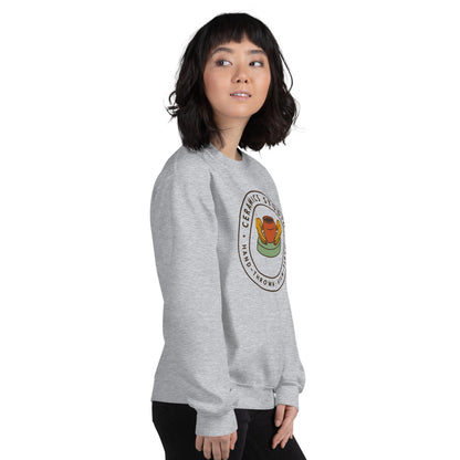 Ceramics Studio Badge hand-thrown pottery crewneck sweatshirt — Sport Grey, on model