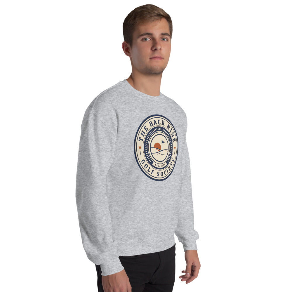 The Back Nine vintage golf roundel crewneck sweatshirt — Sport Grey, on model