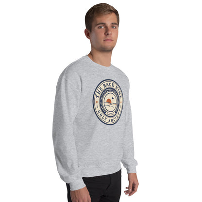The Back Nine vintage golf roundel crewneck sweatshirt — Sport Grey, on model