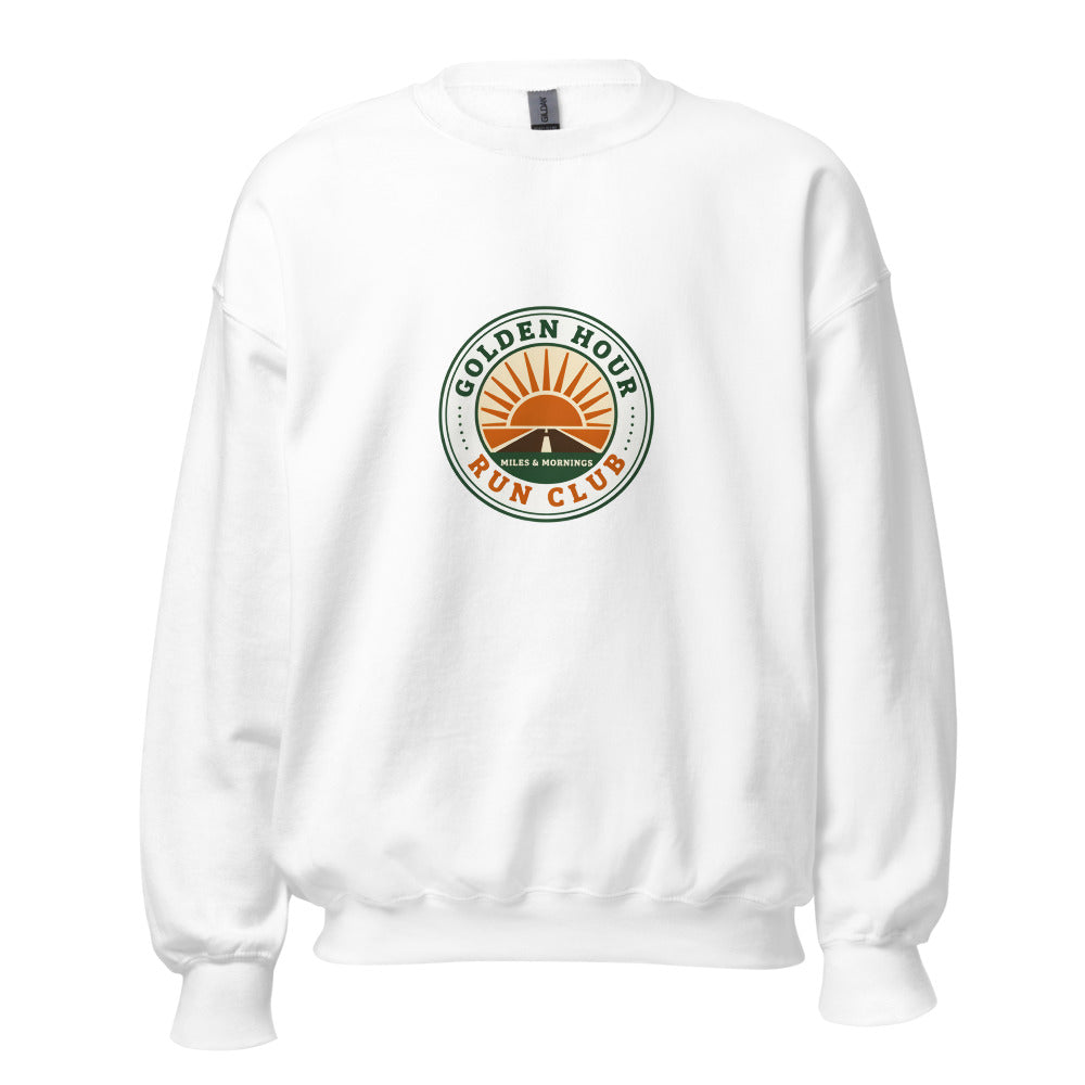 Golden Hour Run Club retro running crewneck sweatshirt — White, front