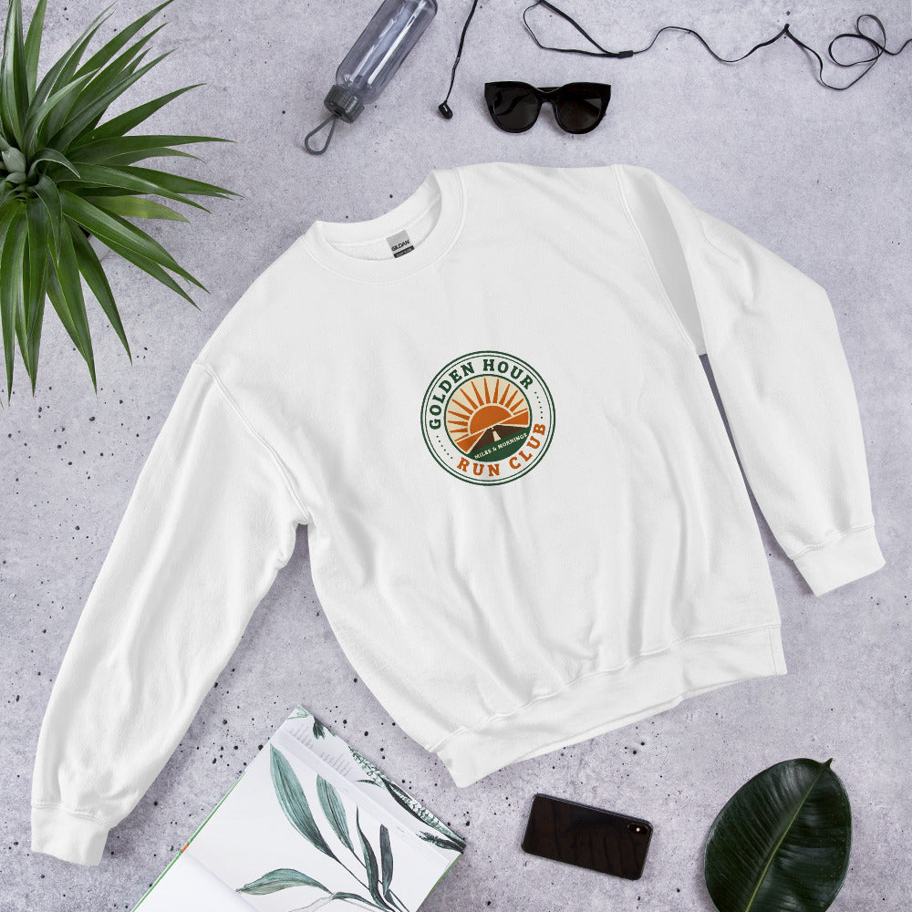 Golden Hour Run Club retro running crewneck sweatshirt — White, front-right