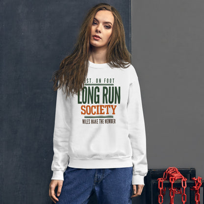 Long Run Society retro running crewneck sweatshirt — White, on model