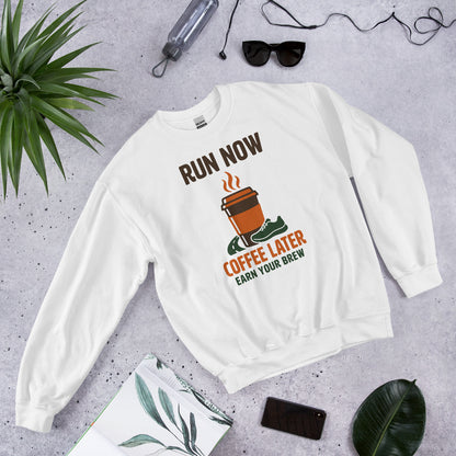 Run Now Coffee Later funny running crewneck sweatshirt — White, front-right