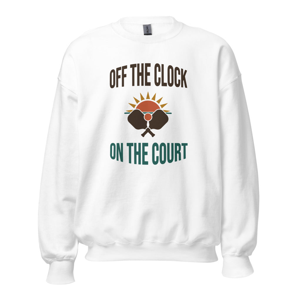 Off The Clock On The Court retro pickleball crewneck sweatshirt — White, front