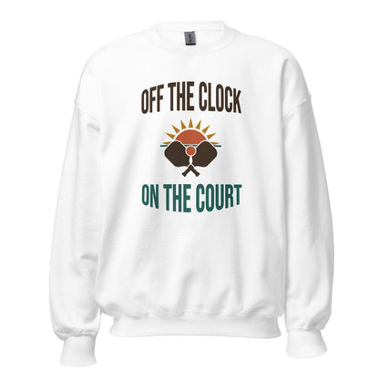 Off The Clock On The Court retro pickleball crewneck sweatshirt — White, front