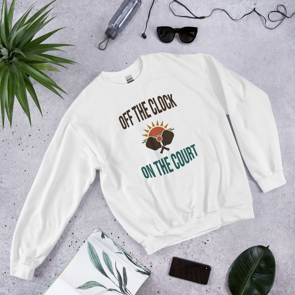 Off The Clock On The Court retro pickleball crewneck sweatshirt — White, side