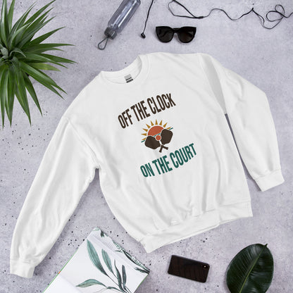 Off The Clock On The Court retro pickleball crewneck sweatshirt — White, side