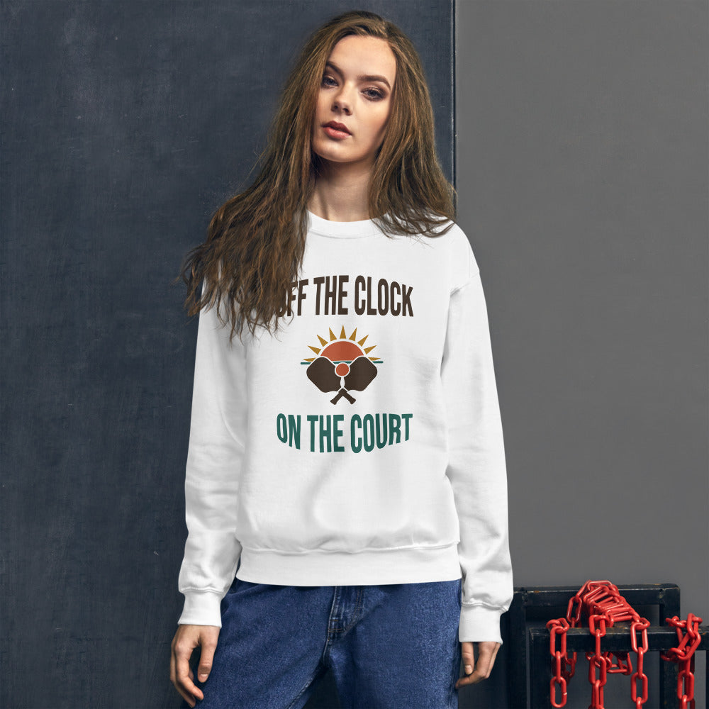 model wearing Off The Clock On The Court retro pickleball crewneck sweatshirt — White