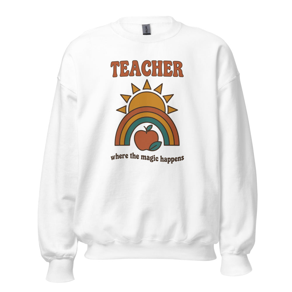 Teacher Where The Magic Happens retro groovy teacher crewneck sweatshirt — White, front