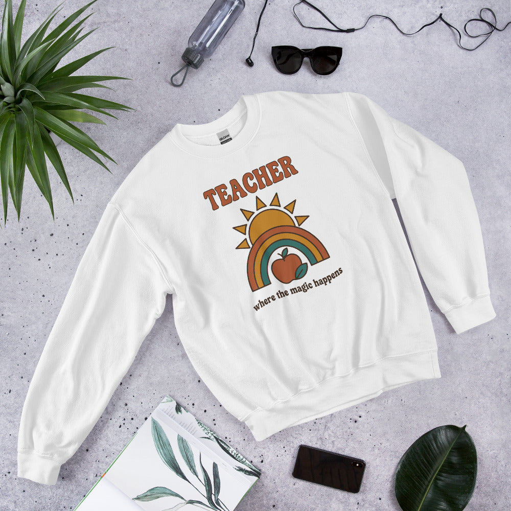 Teacher Where The Magic Happens retro groovy teacher crewneck sweatshirt — White, front angle