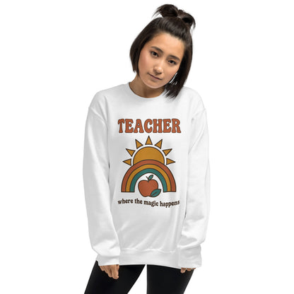 Teacher Where The Magic Happens retro groovy teacher crewneck sweatshirt — White, on model