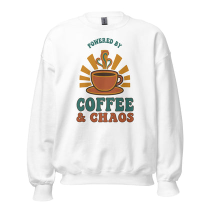 Powered By Coffee And Chaos retro groovy teacher crewneck sweatshirt — White, front