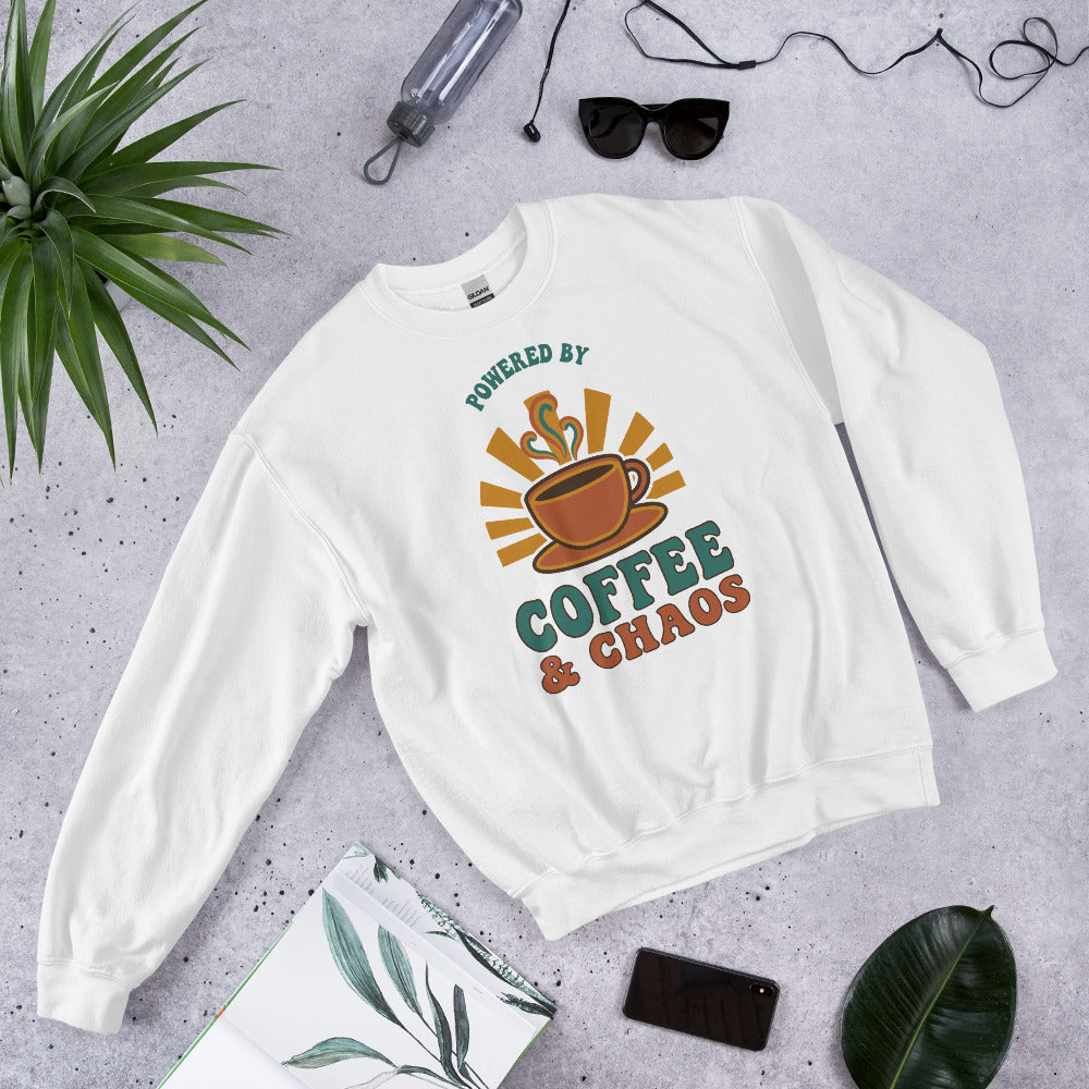 Powered By Coffee And Chaos retro groovy teacher crewneck sweatshirt — White, front view