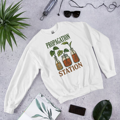 Propagation Station retro botanical plant lover crewneck sweatshirt — White, front angled