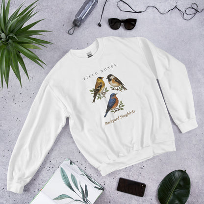 Backyard Songbirds vintage field-guide crewneck sweatshirt — White, front-right