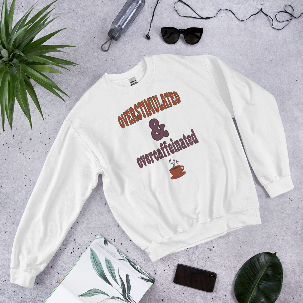 Overstimulated & Overcaffeinated soft retro coffee mental health crewneck sweatshirt — White, front-right