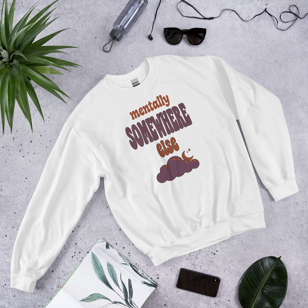 Mentally Somewhere Else soft retro daydream mental health crewneck sweatshirt — White, front-right