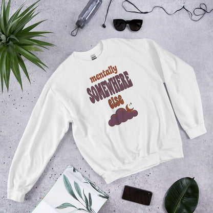 Mentally Somewhere Else soft retro daydream mental health crewneck sweatshirt — White, front-right