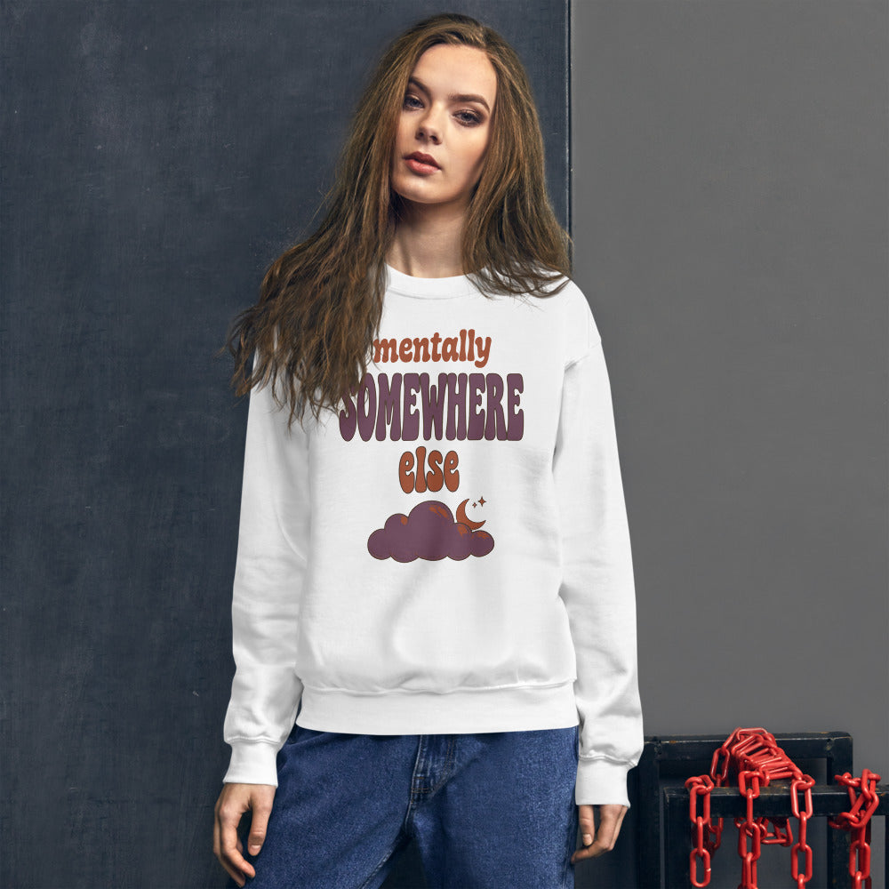 Mentally Somewhere Else soft retro daydream mental health crewneck sweatshirt — White, on model