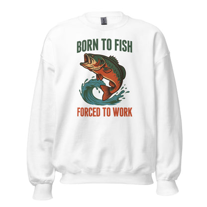 Born to Fish Forced to Work retro fishing humor crewneck sweatshirt — White, front