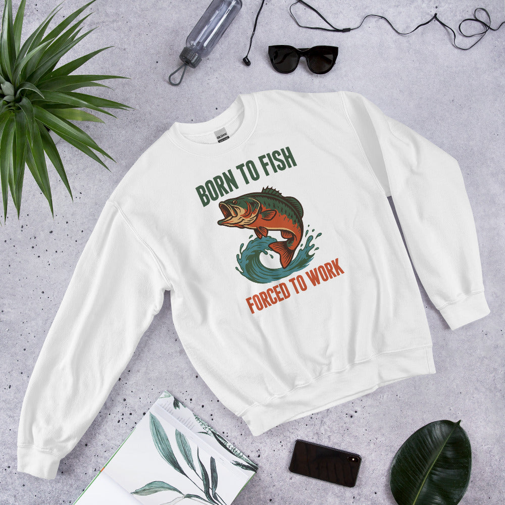 Born to Fish Forced to Work retro fishing humor crewneck sweatshirt — White, front-right