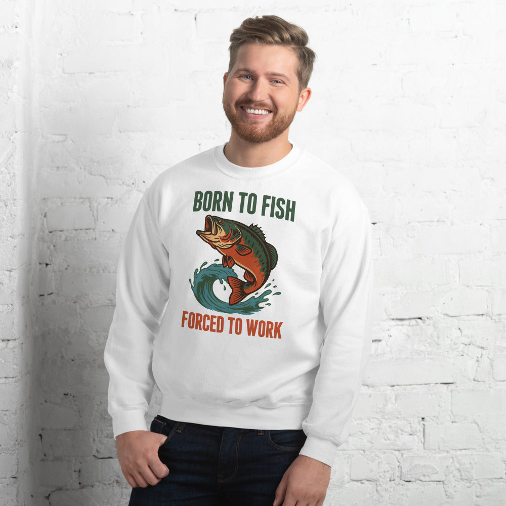 Born to Fish Forced to Work retro fishing humor crewneck sweatshirt — White, on model