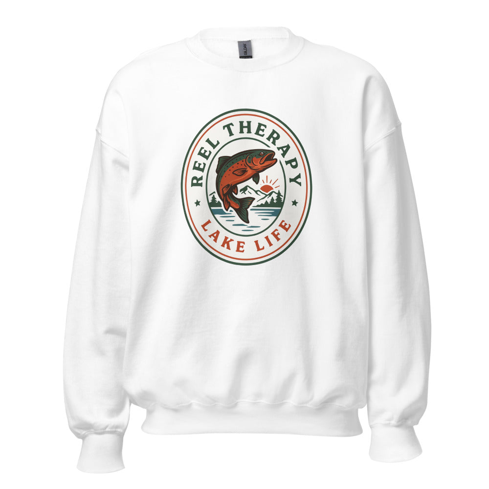 Reel Therapy retro national-park trout badge fishing crewneck sweatshirt — White, front