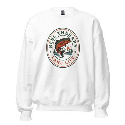Reel Therapy retro national-park trout badge fishing crewneck sweatshirt — White, front