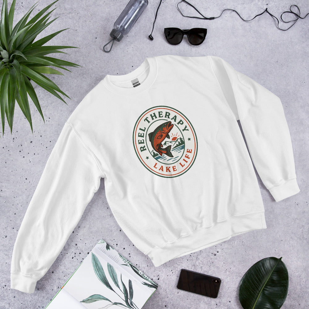 Reel Therapy retro national-park trout badge fishing crewneck sweatshirt — White, front-right