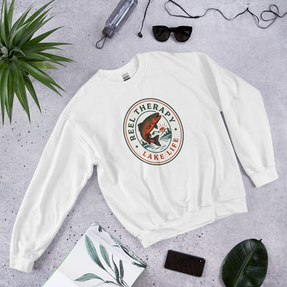 Reel Therapy retro national-park trout badge fishing crewneck sweatshirt — White, front-right